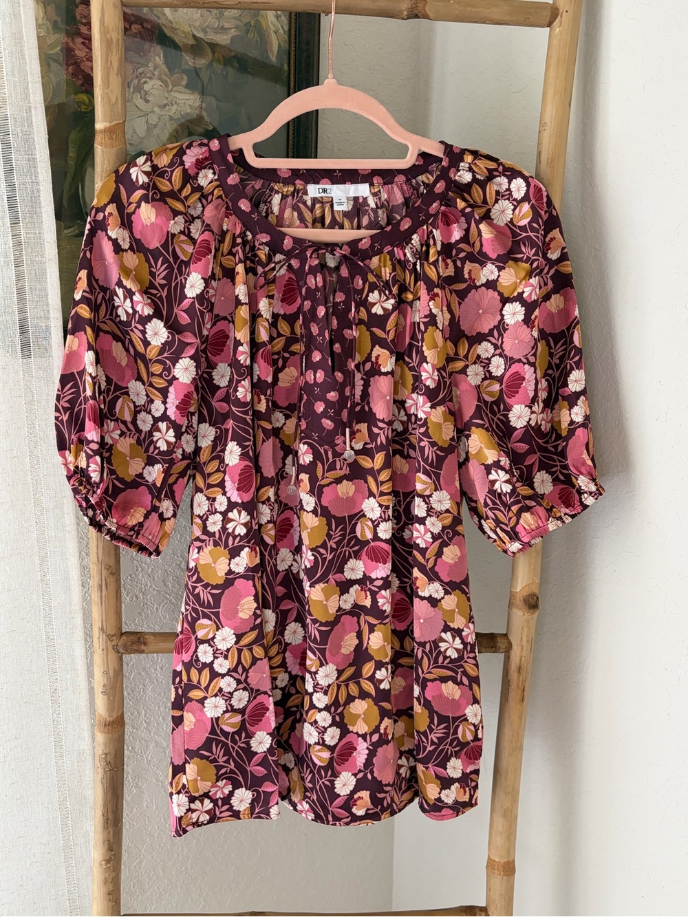 DR2 Floral Puff Sleeve Blouse Plum Medium